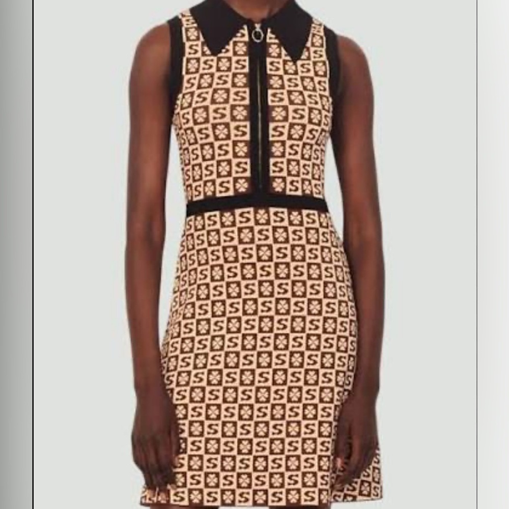 Sandro Black and Tan Patterned Dress